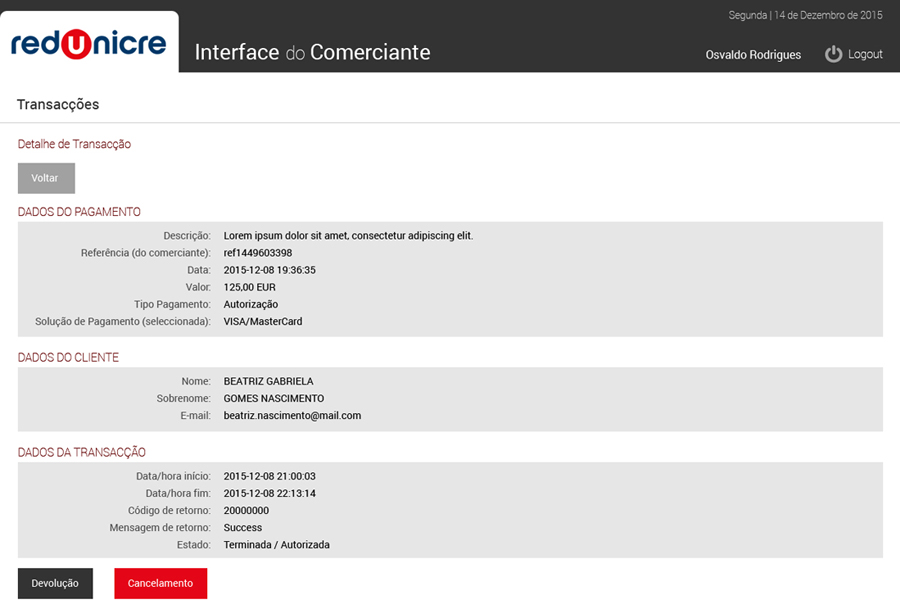 Gateway de Pagamentos Redunicre – Interface do Comerciante