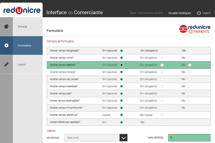 REDUNICRE@Payments – Interface do Comerciante